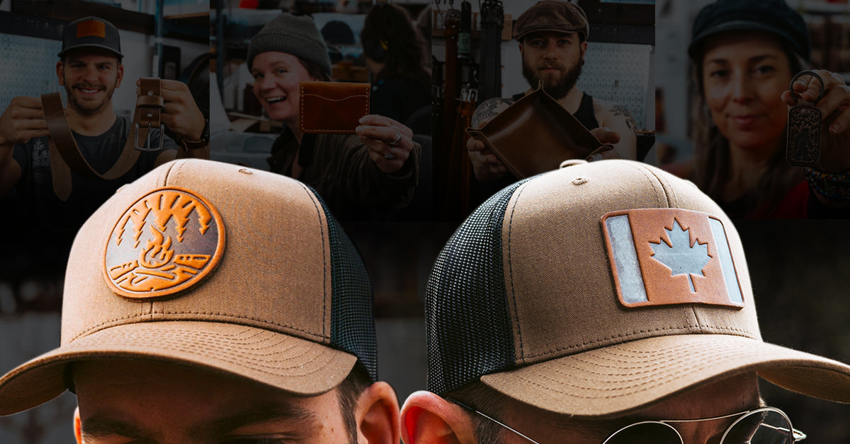 Two men wearing new Popov Leather hats, set against a backdrop of four images of Popov Leather employees holding heirloom-quality products