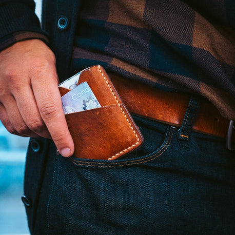 man putting Popov Leather wallet in his pocket