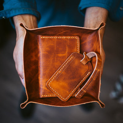 Leather Valet Tray Organizer - No. 120 - Full-Grain Brown Leather - American Cherry Wood Trim - USA Made by Col. Littleton - 10 3/4′′ x 8 1/2” x 2 1/2