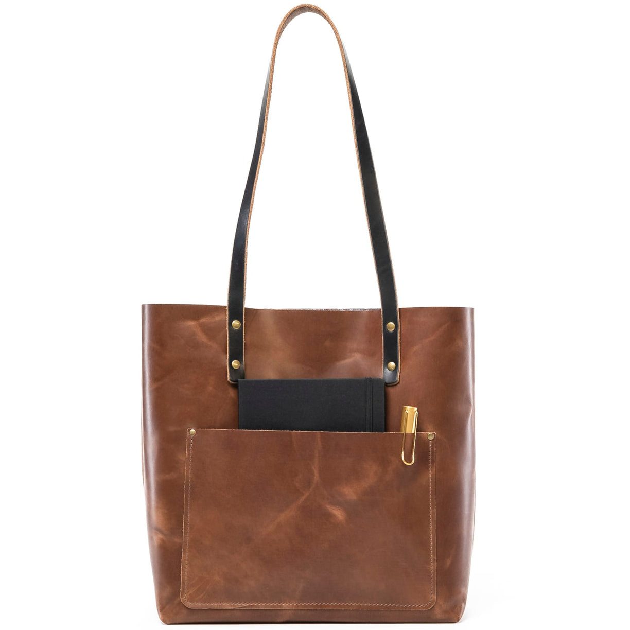 Heritage Brown leather tote with outside pocket on a white background