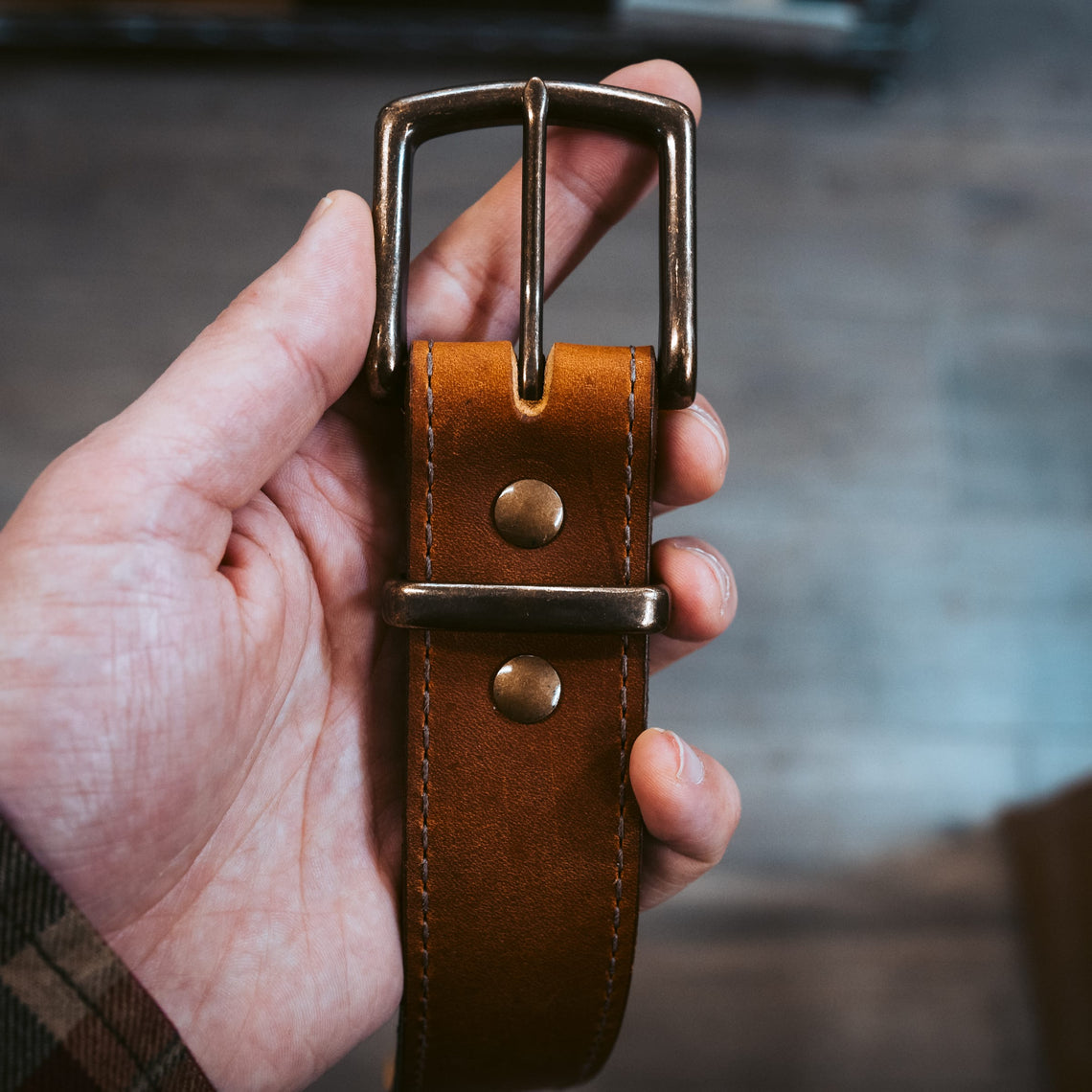 Solid brass buckle and keeper on a Vanguard belt