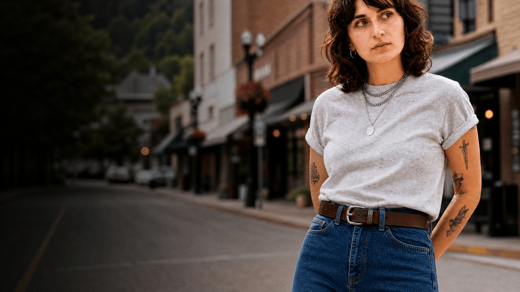 Woman wearing a full-grain leather belt
