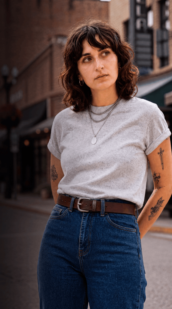 Woman wearing a full-grain leather belt