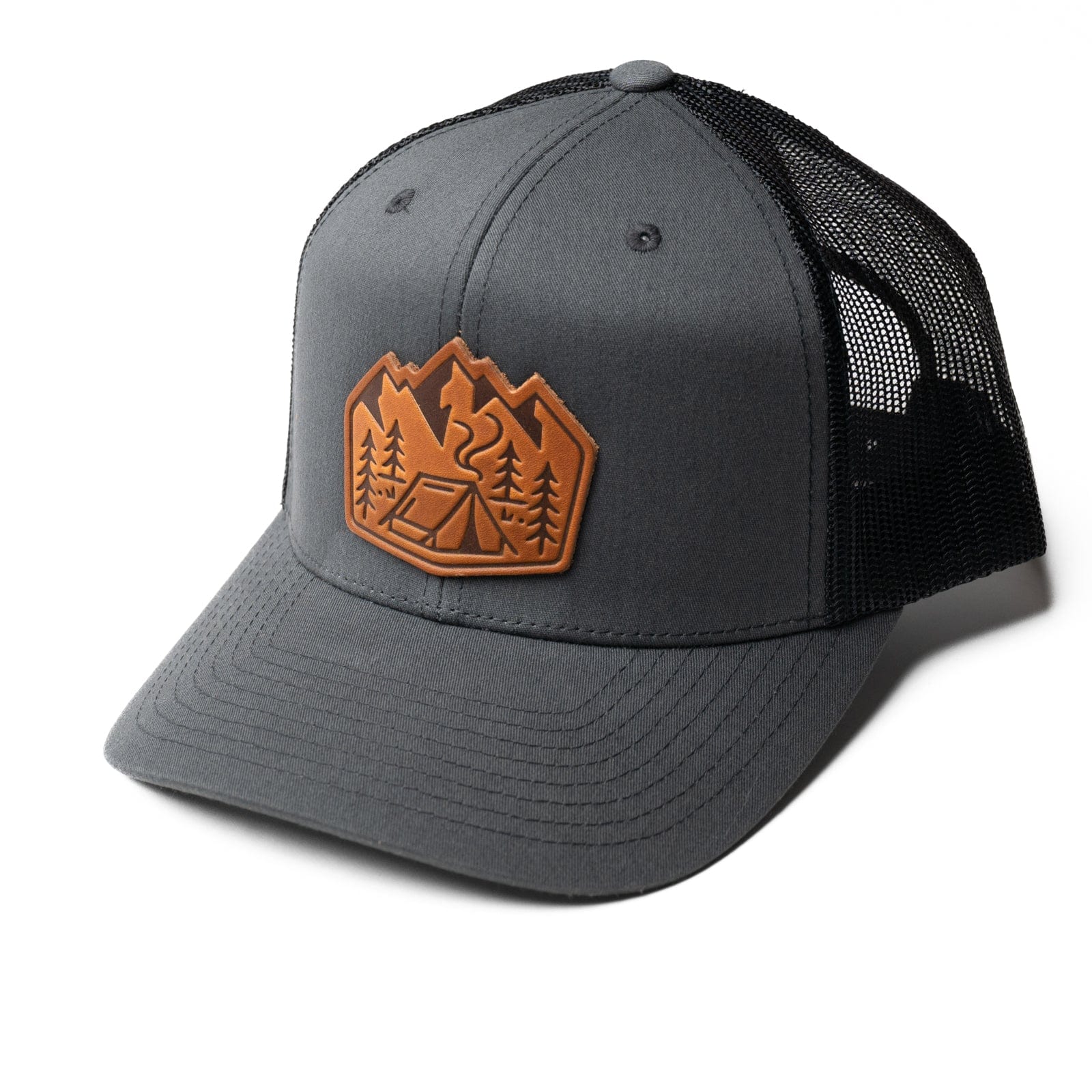 Trucker Hat with Leather Camping Patch - Durable Mesh Back, Adjustable Fit, Stylish Outdoor Design, Made in Canada