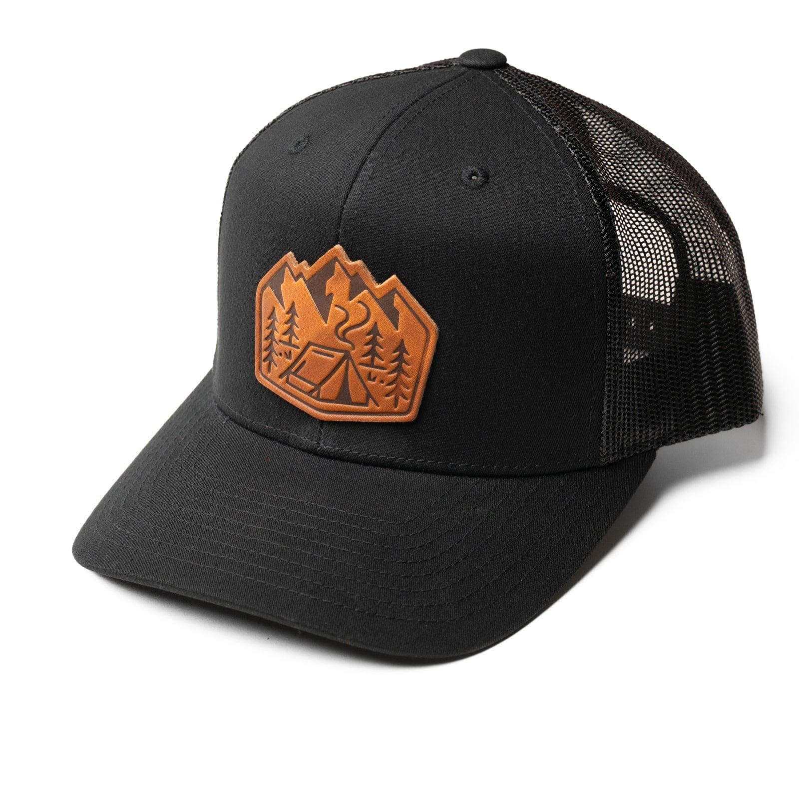 Trucker Hat with Leather Camping Patch - Durable Mesh Back, Adjustable Fit, Stylish Outdoor Design, Made in Canada