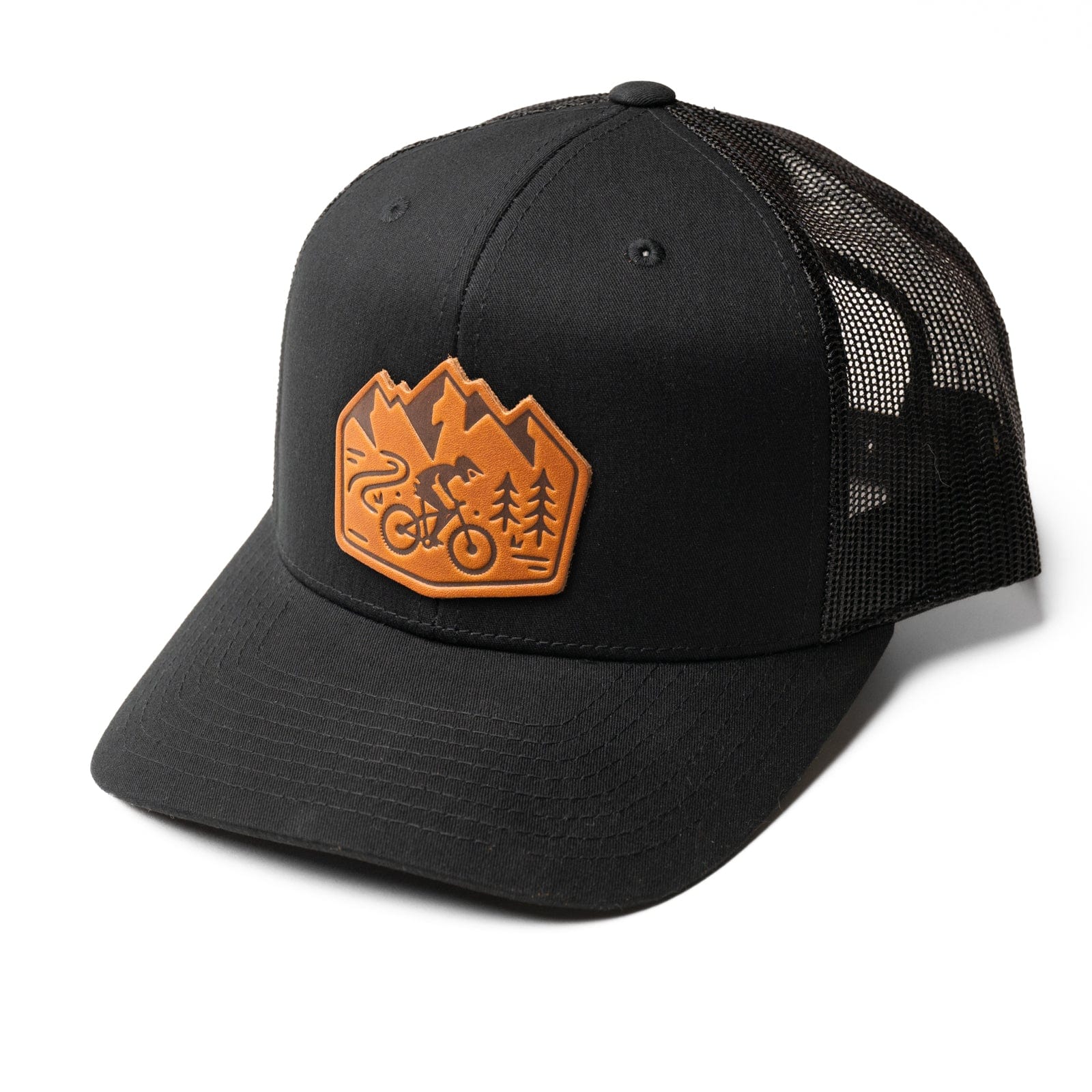 mountainbike cap Trucker Hat with Leather Mountain Bike Design - Durable Mesh Back, Adjustable Fit, Stylish Outdoor Design, Made in Canada
